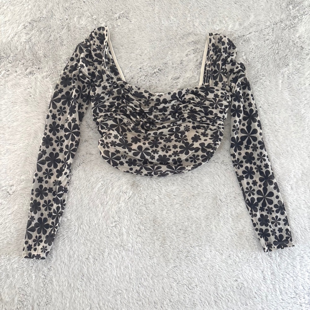 Glassons Floral Mesh Ruched Long Sleeve Crop Top‎ Bustier  Retro 70s 90s Y2K